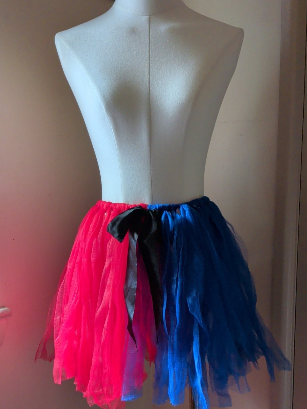 Two-Tone Red & Blue Tulle Skirt with Black Bow